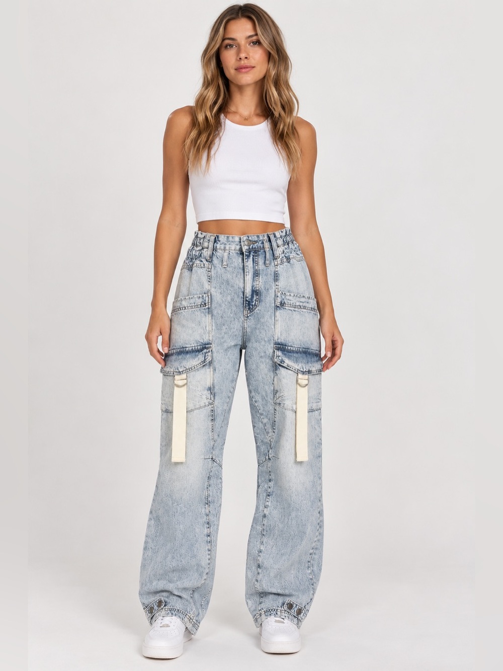 13. Free People • Light Wash Wide-Leg Cargo Jeans with Utility Straps